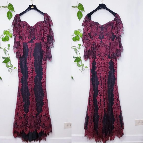 $985 NWT Badgley Mischka Burgundy Lace Trumpet 4 S - Picture 5 of 13